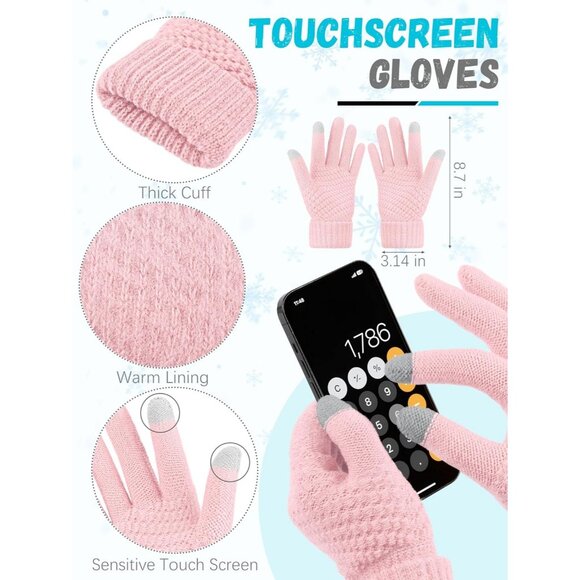 Women pink Knit Beanie Hat, Gloves, Scarf & Ear Warmer Set - Winter - Picture 3 of 7